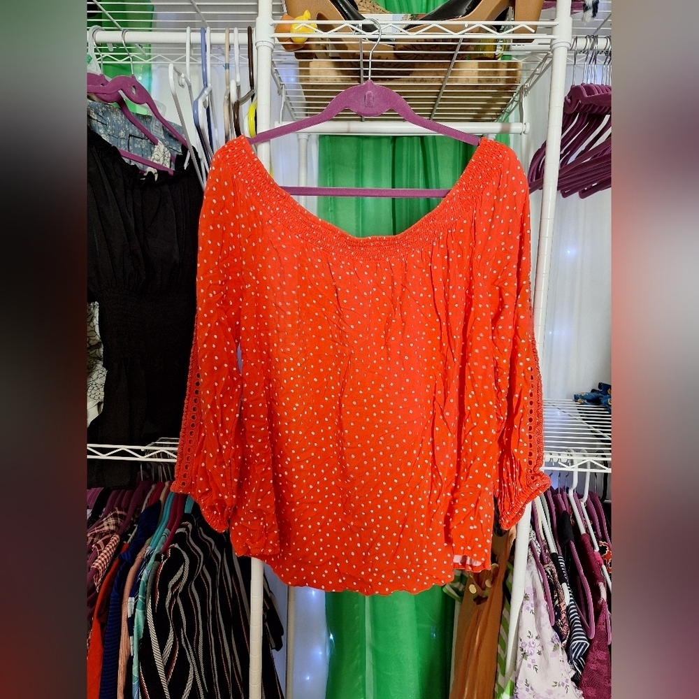 MAURICES RED POLKA-DOT OFF SHOULDER BLOUSE SIZE 1X